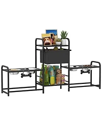 Aostirmotor Black Elevated Dog Bowl Stand - 3 height adjustable, 2 feeding stations, built-in toy bin basket. Neat, ergonomic design