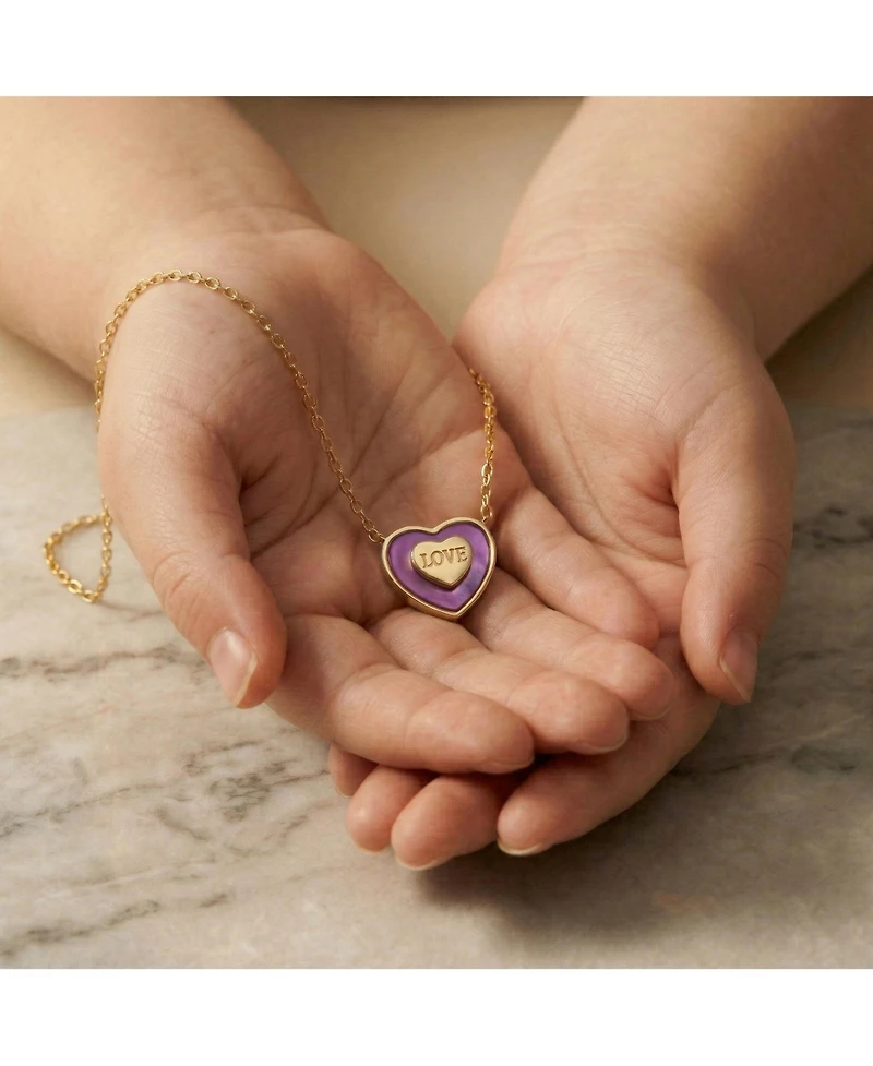 GiGiGirl 14K Gold Plated with White Mother Of Pearl or Purple Enamel & "Love" Inscription Heart Design Necklace