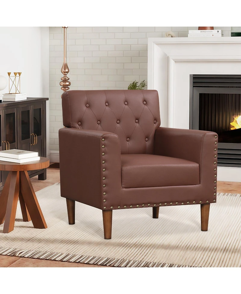 Gouun Mid-Century Button Tufted Accent Chair with Faux Leather Upholstery and Rivets