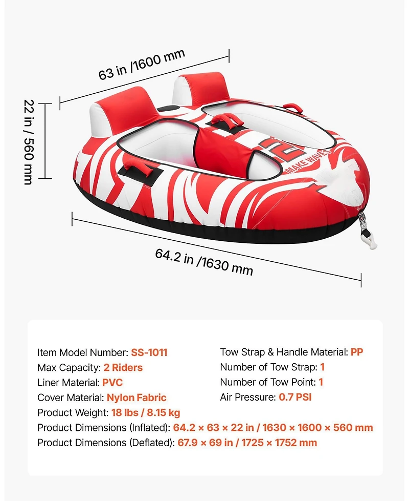 Mecale 2-Rider Towable Tube for Boating 340 lbs Dual Cockpit Design