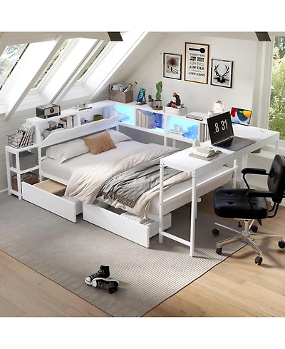 Lucky One Corner Bed Frame Twin Size with Bookcase and 2 Underbed Storage Drawers
