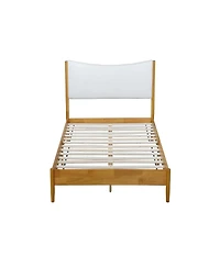 Clihome Solid Rubber Wooden Bed with Boucle Upholstered Headboard, Enhanced by Support Feet