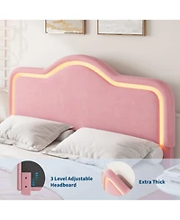 Homfan Kids Led Upholstered Bed Frame with Adjustable Headboard & Footboard, Sturdy Wooden Slats