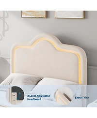 Homfan Kids Led Upholstered Bed Frame with Adjustable Headboard & Footboard, Sturdy Wooden Slats