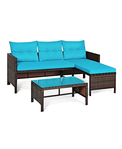 Clihome 3 Pieces Outdoor Patio Corner Rattan Sofa Set with Table