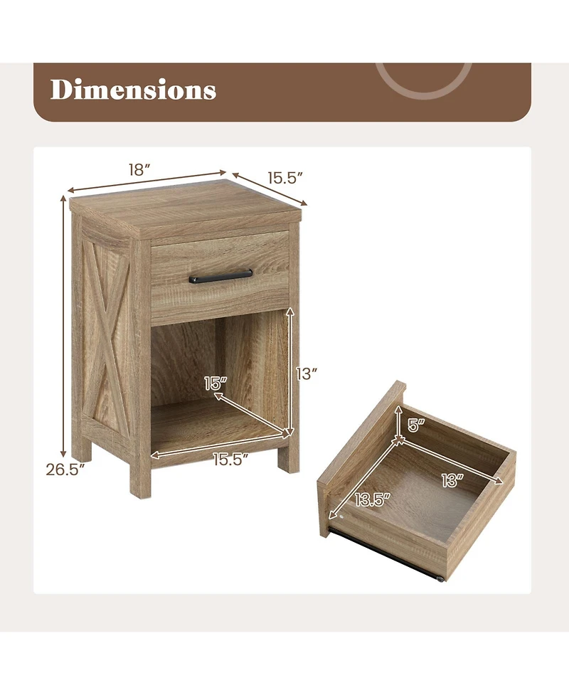 Gouun Farmhouse Nightstand with X-Design Side Panels, Drawer and Shelf