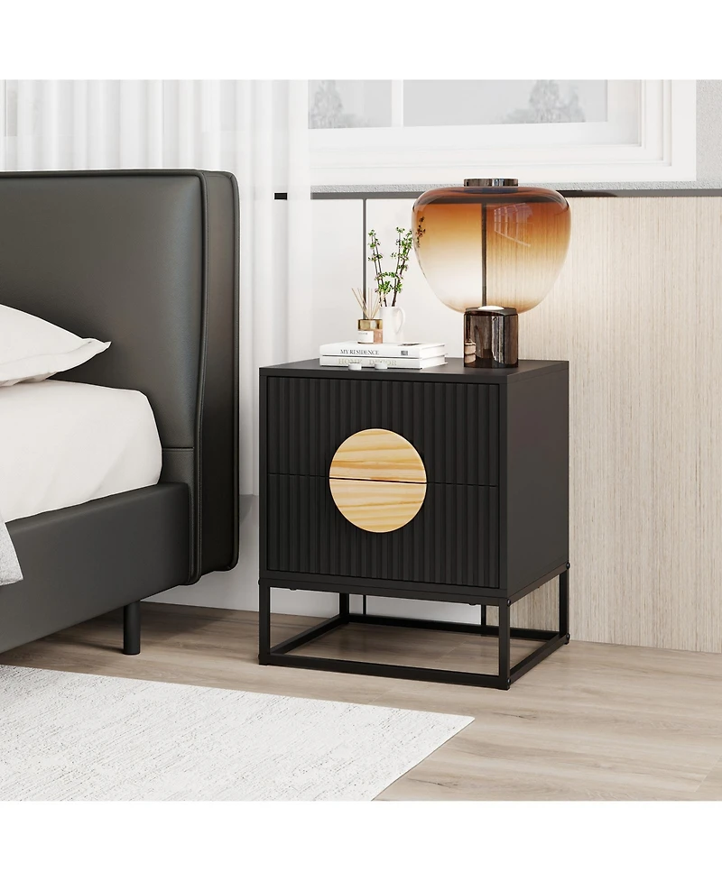 Gouun Mid-Century Fluted Nightstand with 2 Drawers and Pine Wood Handles