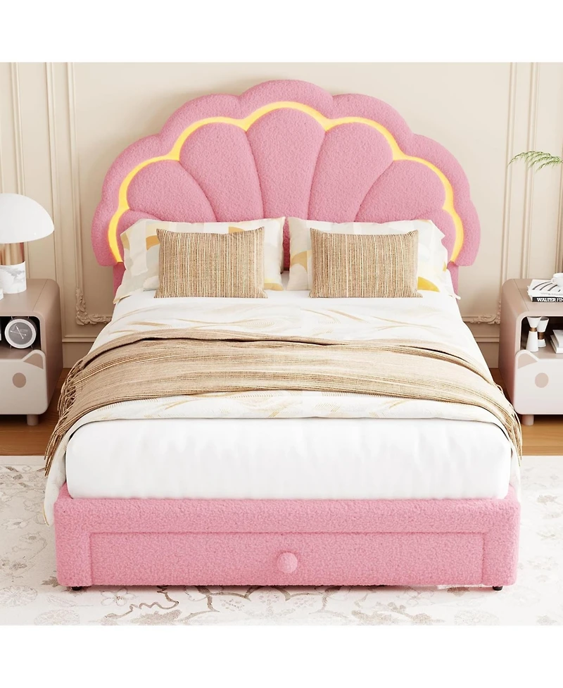 gaomon Upholstered Led Bed Frame with Storage Drawer and Adjustable Chic Headboard, Berber Fleece Princess Platform for Kids
