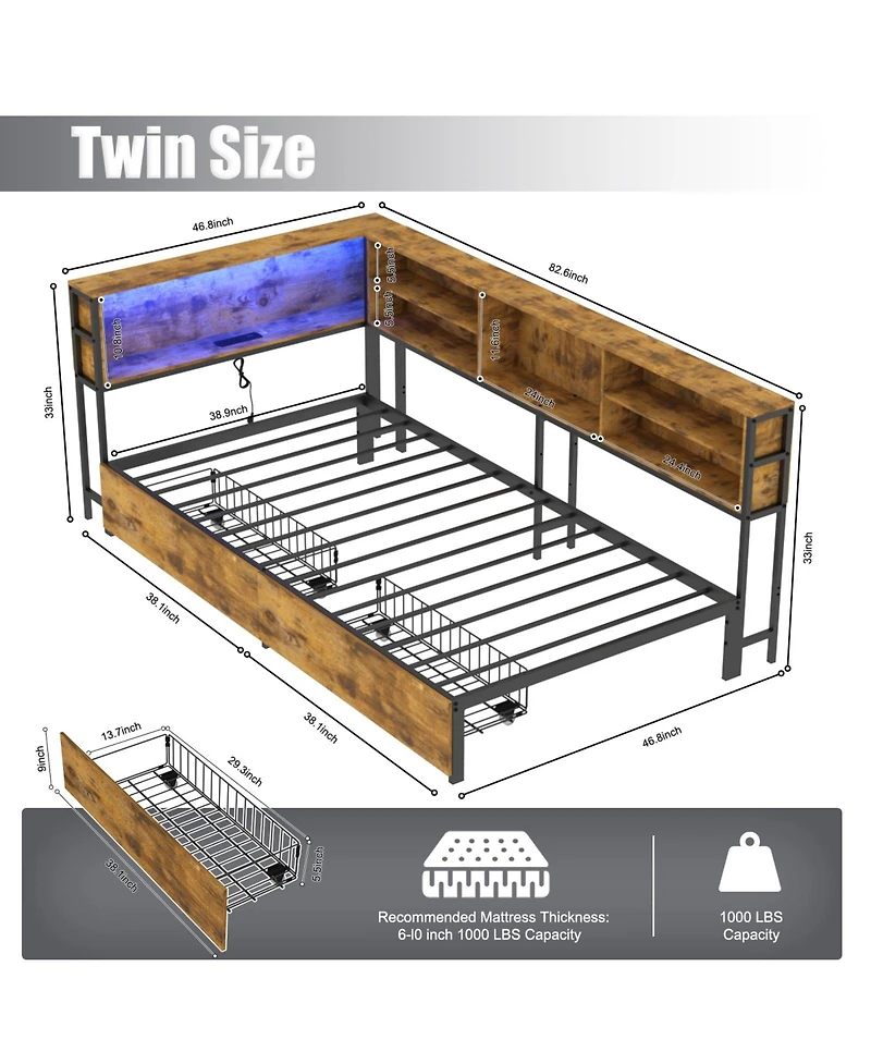 Lucky One Twin Corner Daybed with Storage Drawers, Bookcase Headboard