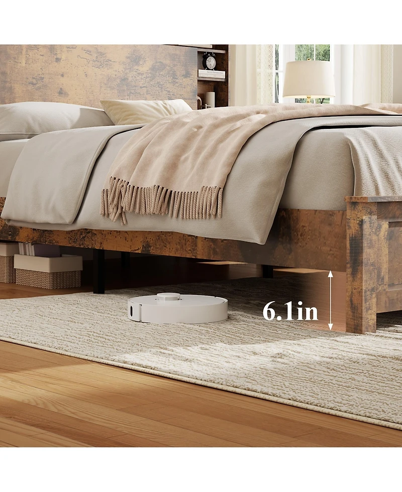Lucky One Wood Queen Bed Frame with Storage Headboard - Bed Frame Queen Size with Charging Station