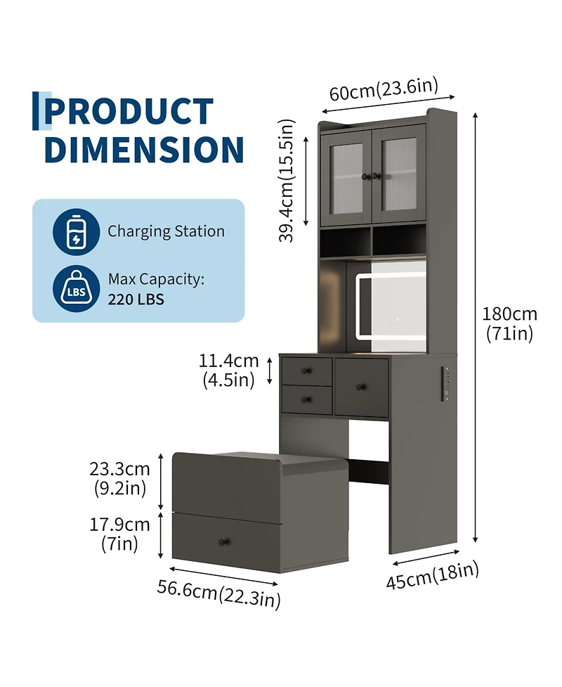 Homfan Modern Vanity Desk with Sliding Led Mirror, 4 Spacious Drawers, Makeup Dressing Table for Bedroom Organization, Sleek Design