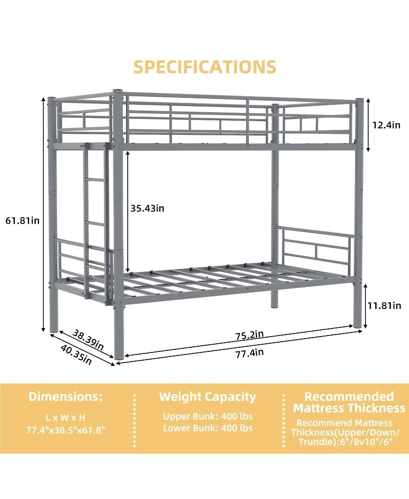 Lucky One Twin Over Twin Metal Bunk Bed for Kids Boys Girls