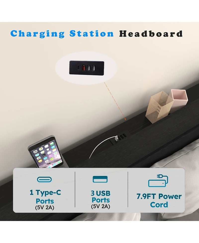 Lucky One Floating Bed Frame Queen with Led Lights and Charging Station