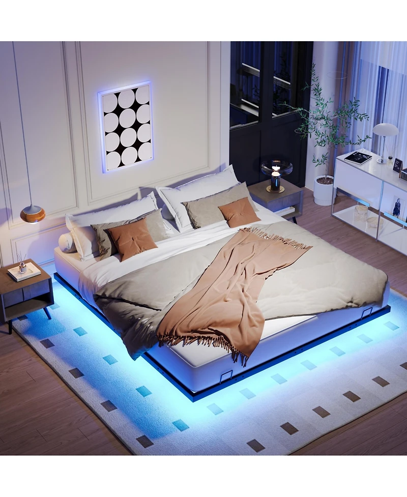 Lucky One Queen Size Floating Bed Frames with Led Lights, Metal Platform Bed, Solid and Stable
