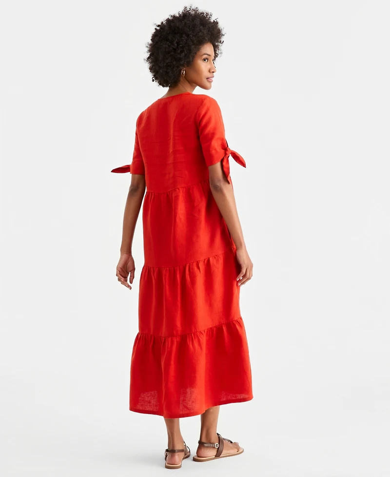 Charter Club Women's 100% Linen Tie-Sleeve Tiered Midi Dress, Created for Macy's