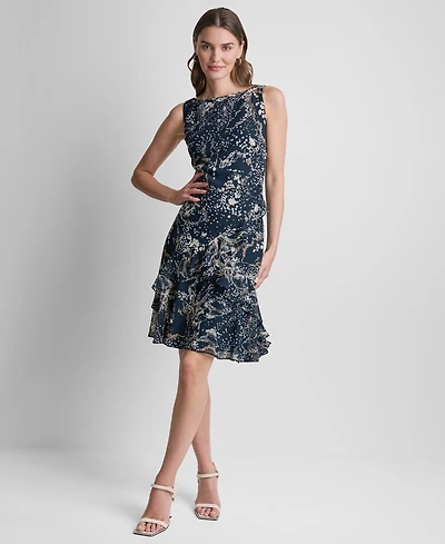 Dkny Petite Printed Boat Neck Shift Dress