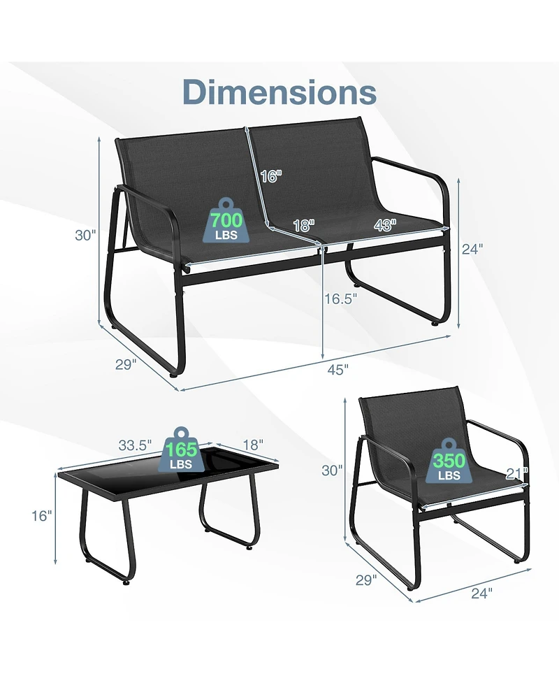 Gouun 4-Piece Patio Fabric Conversation Set with Loveseat and Glass Coffee Table