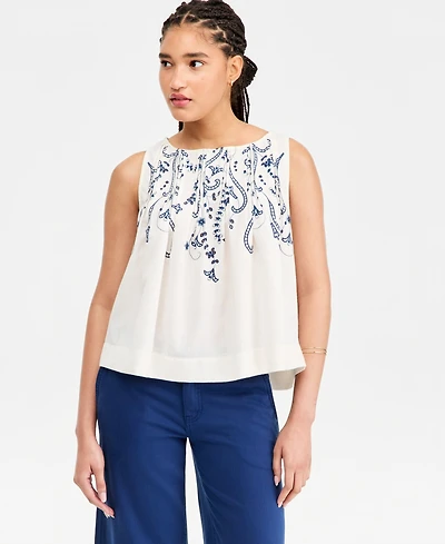 Liverpool Los Angeles Women's Sleeveless Boat-Neck Embroidered Woven Cotton Top