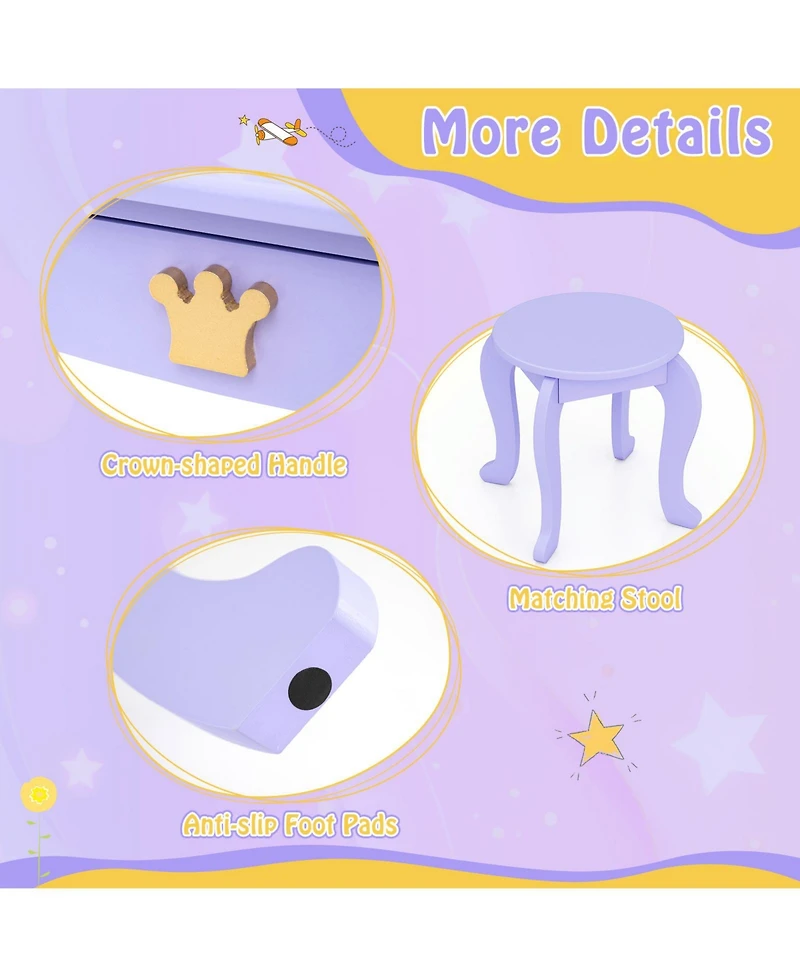 Gouun Kids Vanity Set with Led Tri-Fold Mirror, Detachable Top and Stool