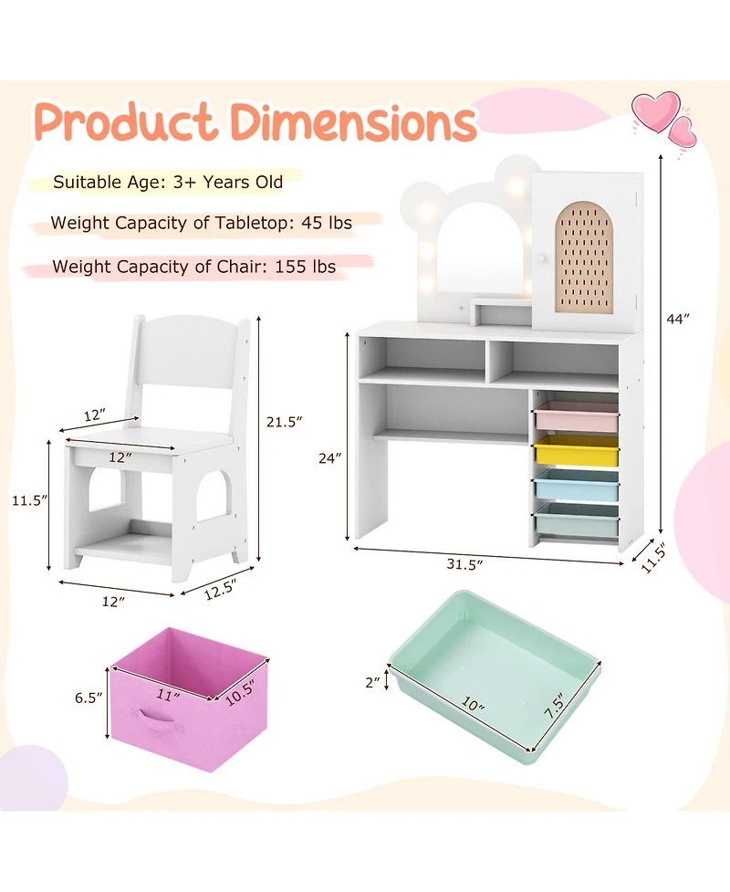 Gouun Kids Vanity Table and Chair Set with Led Lights and 5 Drawers