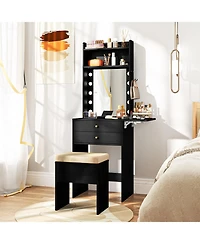 Gouun Compact Vanity Desk Set with 3-Color Lighted Mirror, Power Outlets and Stool