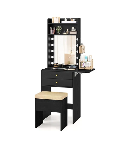 Gouun Compact Vanity Desk Set with 3-Color Lighted Mirror, Power Outlets and Stool