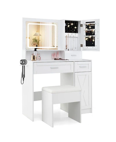 Gouun Makeup Vanity Desk with Led Lighted Mirror, Jewelry Cabinet and Stool Set