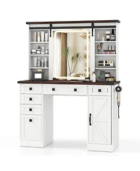 Gouun Farmhouse Vanity Desk with Barn-Style Sliding Mirror and 3 Lighting Modes