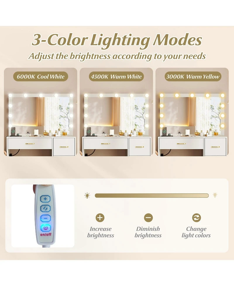 Gouun Vanity Desk with Led Lighted Mirror, 4 Drawers and Power Outlets