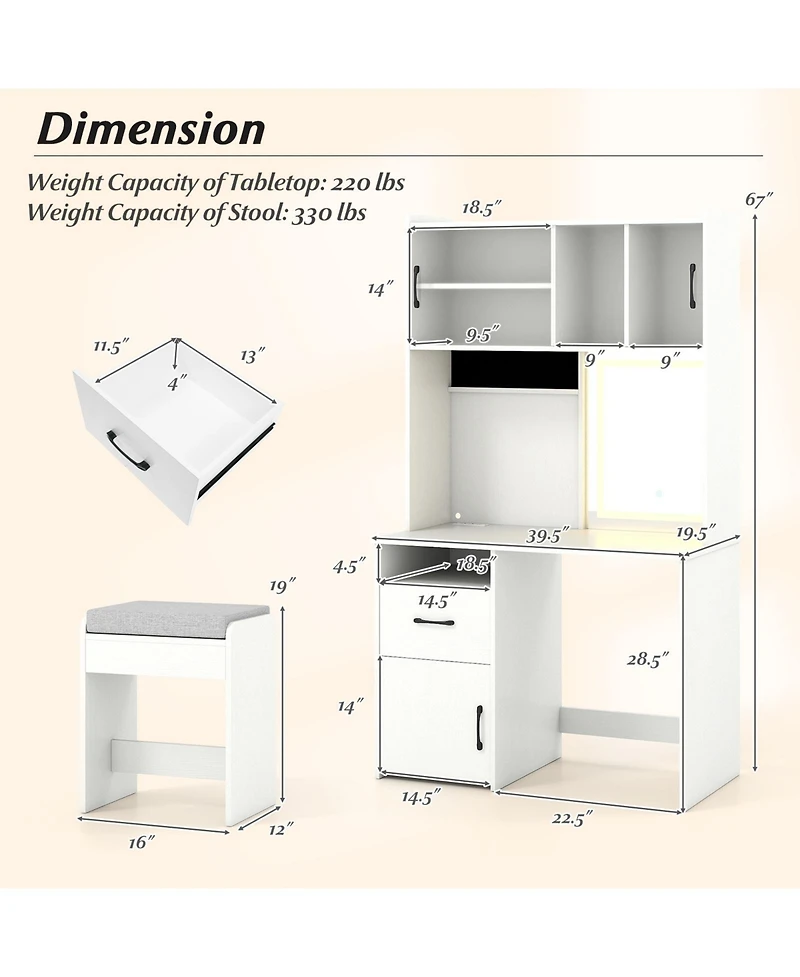 Gouun 67 in Tall Vanity Set with Led Mirror, Charging Station and Stool