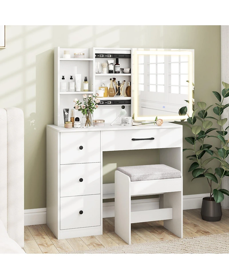 Gouun Vanity Desk with Sliding Mirror, Led Lights, 4 Drawers and Chair Set
