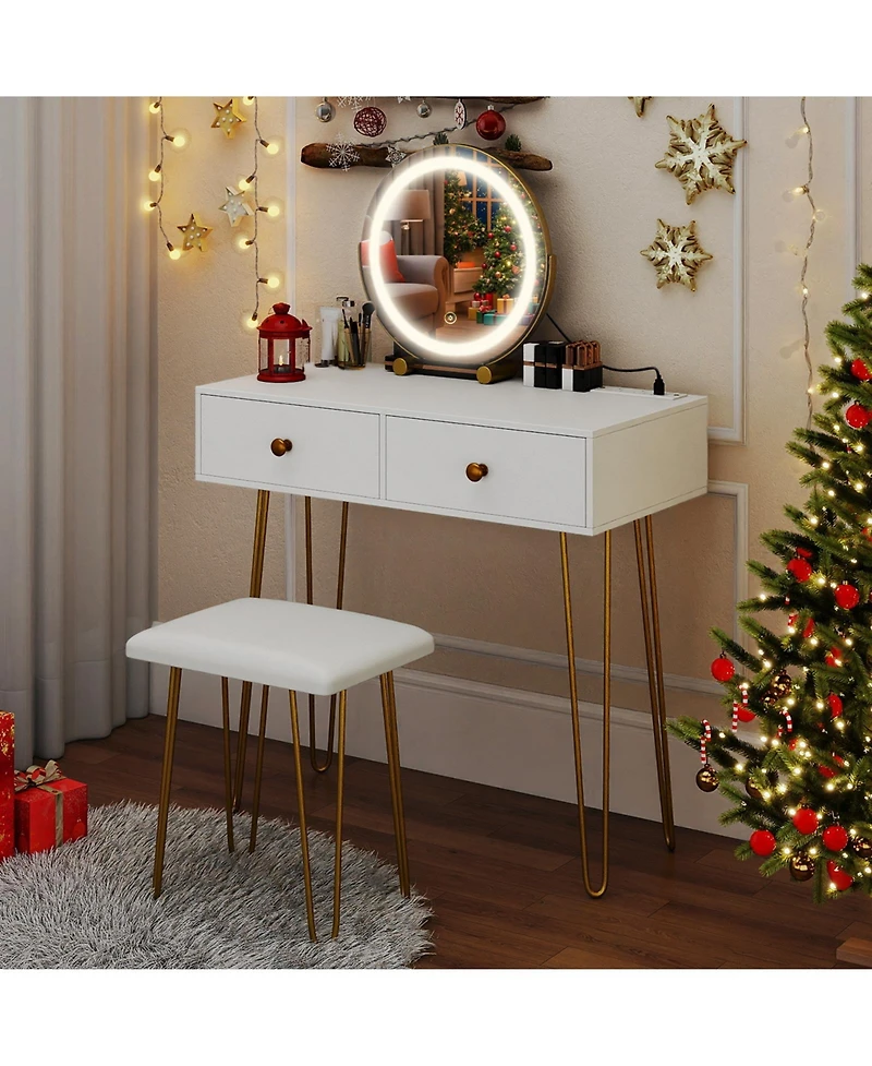 Gouun Vanity Desk with 360-Degree Adjustable Led Mirror, Drawers and Stool