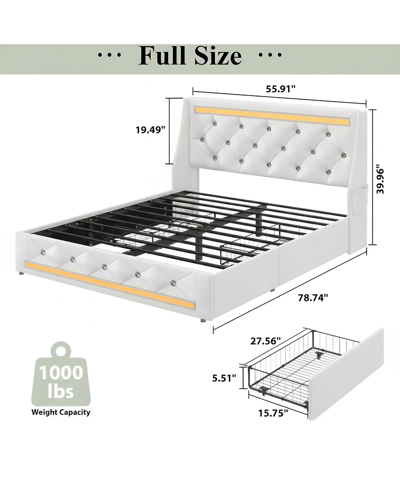Lucky One Full Size Bed Frame with Wingback Upholstered Diamond Headboard and 2 Storage Drawers