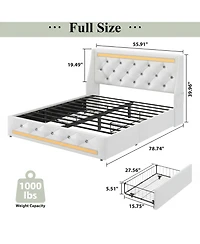 Lucky One Full Size Bed Frame with Wingback Upholstered Diamond Headboard and 2 Storage Drawers
