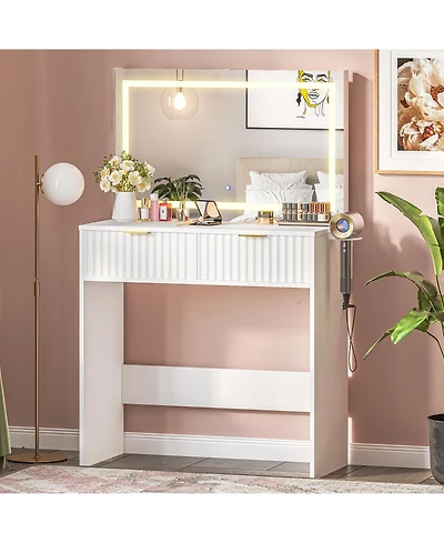 Homfan Fluted Vanity Desk with Led Mirror, 3-Color Lighting, 2 Drawers, Power Outlet and Usb, Hair Dryer Holder, Oak Storage for Bedroom