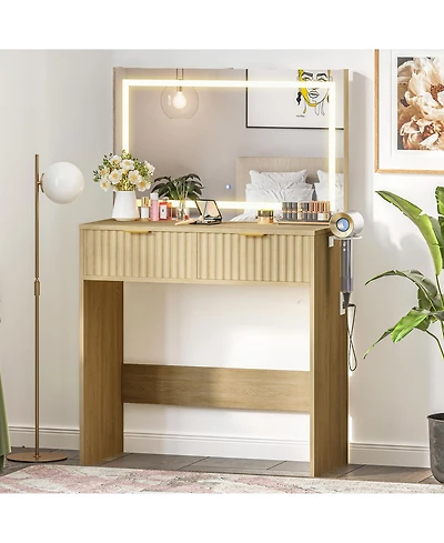 Homfan Fluted Vanity Desk with Led Mirror, 3-Color Lighting, 2 Drawers, Power Outlet and Usb, Hair Dryer Holder, Oak Storage for Bedroom