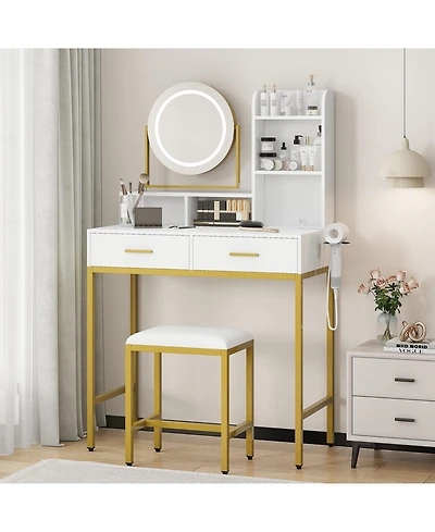 Homfan Vanity Desk with Rotating Mirror, 3-Color Light, Power Outlet and Usb, Storage Shelves, 2 Drawers Stool for Bedroom