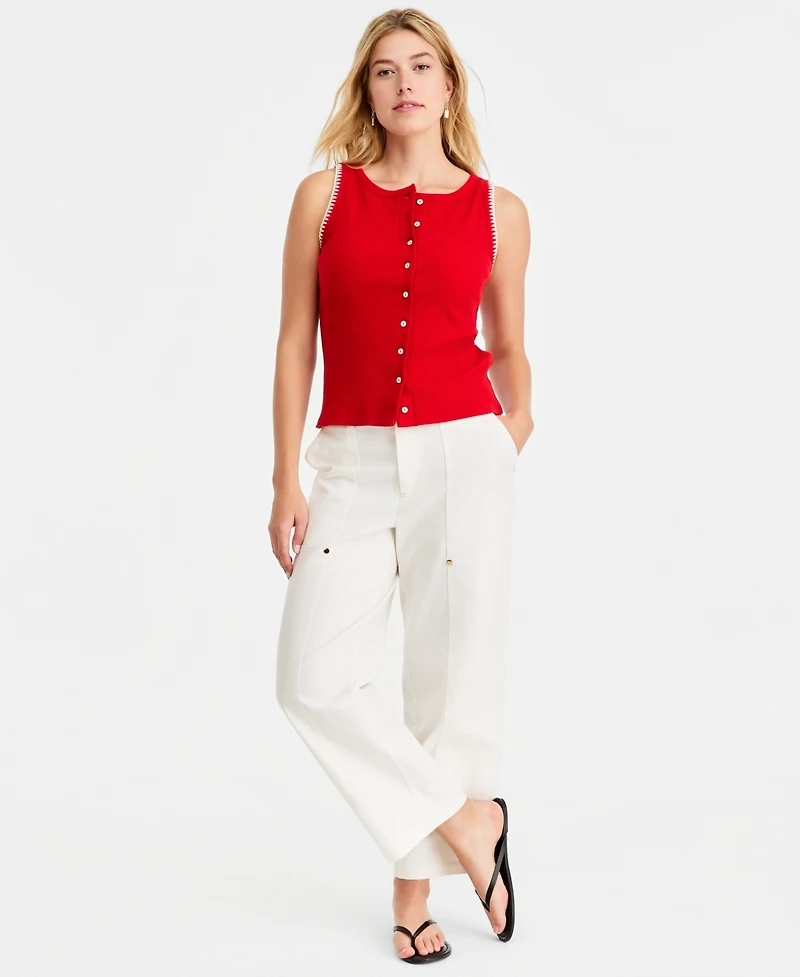 On 34th Women's Sleeveless Rib-Knit Whipstitch Button Front Top, Macy's Exclusive