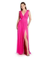 Mac Duggal Petite Sleeveless Pleated Chiffon V-Neck Gown