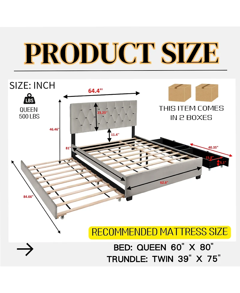 Lucky One Queen Size Trundle Pull Out Drawers Storage Upholstered Bed Modern Design No Box Spring