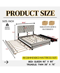 Lucky One Queen Size Trundle Pull Out Drawers Storage Upholstered Bed Modern Design No Box Spring