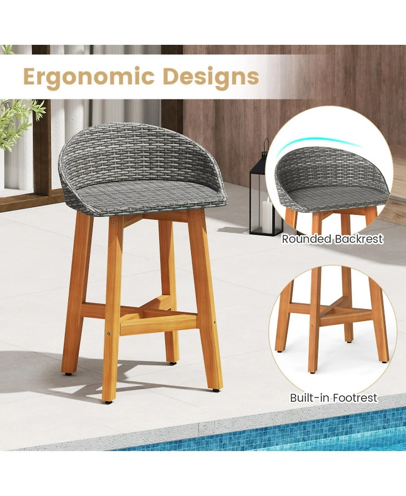 Gouun Acacia Wood and Pe Rattan Outdoor Bar Height Chairs Set of 2 with Footrests