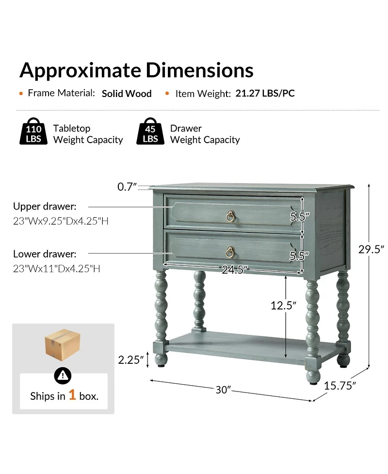 Hulala Home Aristidh Traditional 30"Tall Solid Wood 2-Drawer End Table with Built-in Charging Outlets
