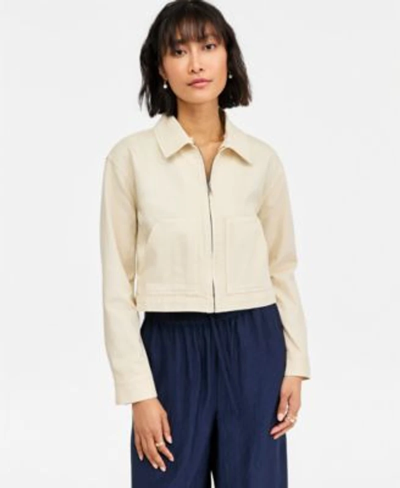 On 34th Womens Crochet Collar Cropped Denim Jacket Macys Exclusive
