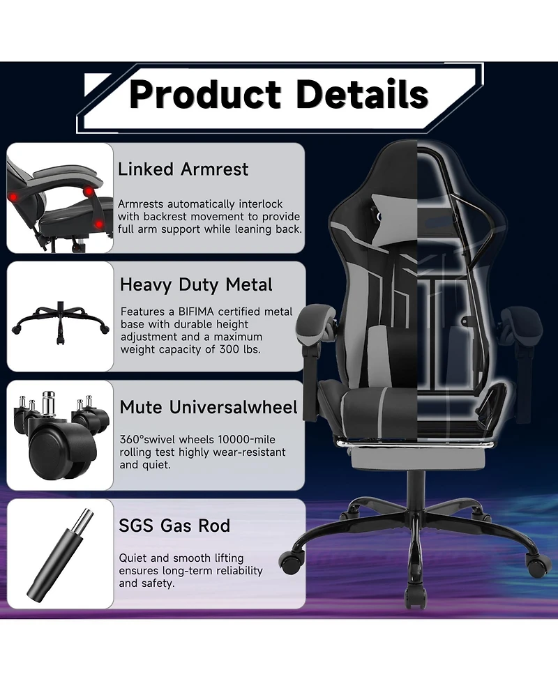 Flynama Massage Gaming Chair with Footrest ,Ergonomic Office Chair