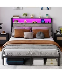 Lucky One Full Size Bed Frame with Headboard, Rgb Led Light and Charging Station