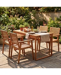 Gouun 5-Piece Boho Patio Dining Set with Acacia Wood Table and 4 Pe Rattan Stackable Chairs