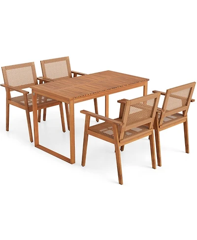 Gouun 5-Piece Boho Patio Dining Set with Acacia Wood Table and 4 Pe Rattan Stackable Chairs
