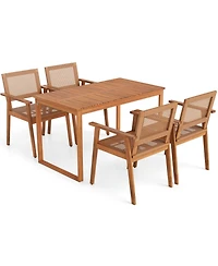 Gouun 5-Piece Boho Patio Dining Set with Acacia Wood Table and 4 Pe Rattan Stackable Chairs