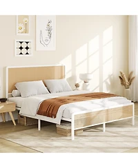 Homfan Bed Frame with Led Lights and Rattan Headboard, Modern Platform Bed